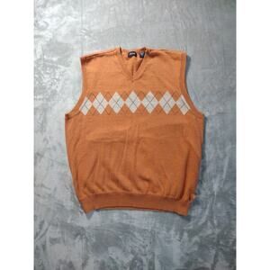 IZOD Mens Fine Gauge V-Neck Sweater Vest Sz L Orange Golf Preppy Casual Argyle